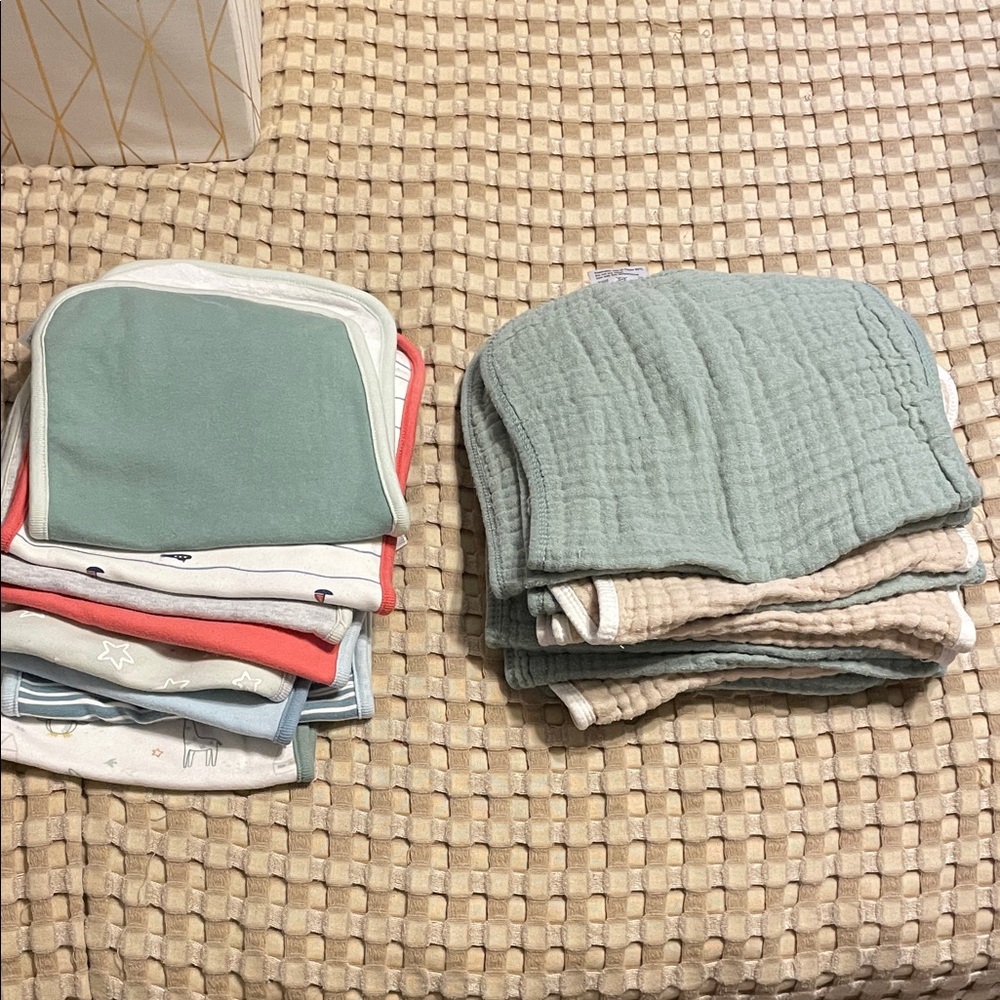 Set of Baby Burp Cloths in Green and Neutral Tones